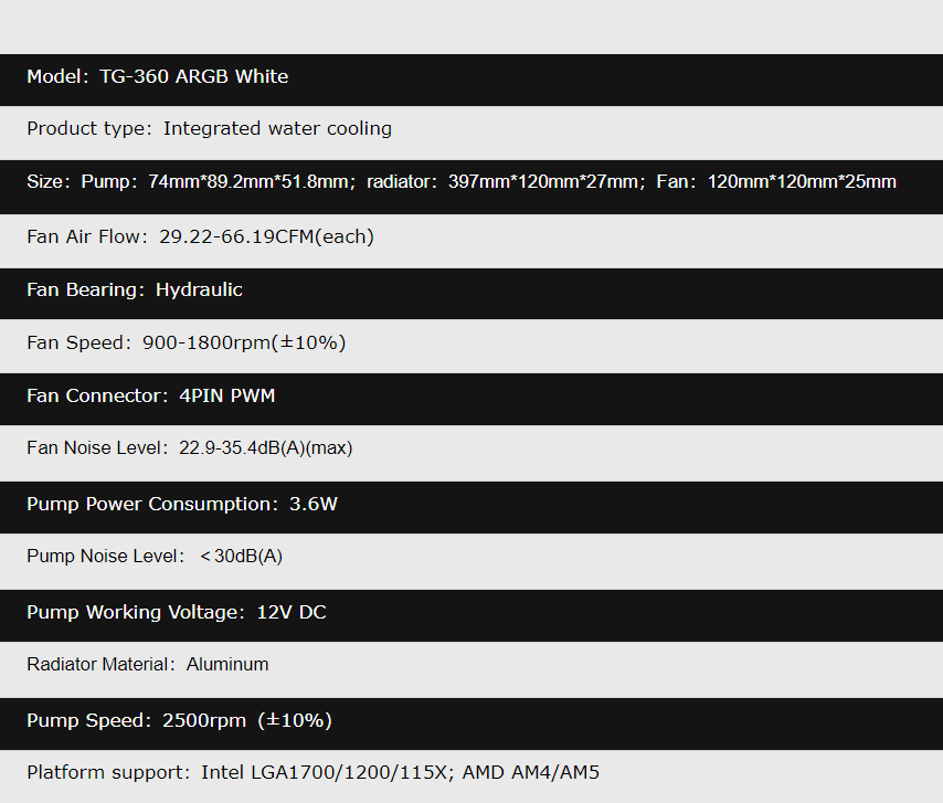 A large marketing image providing additional information about the product Jonsbo TG-360 ARGB 360mm AIO CPU Liquid Cooler - White - Additional alt info not provided